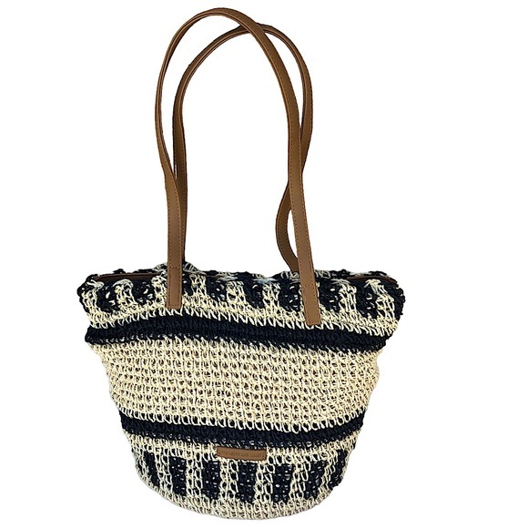Elizabeth & James Straw Paper Natural Black Tan Boho Bag With Attached Wristlet - Picture 1 of 16
